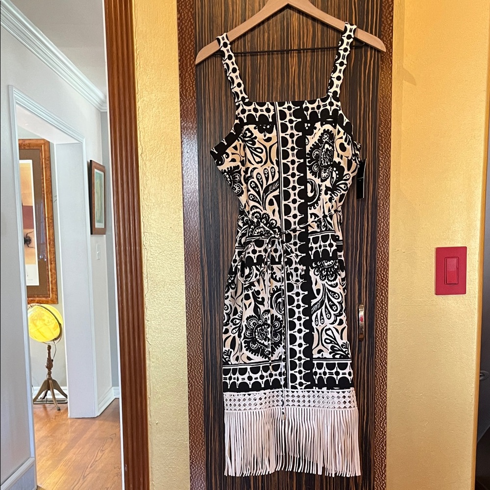 Tahari ASL Black and White Patterned Midi Dress